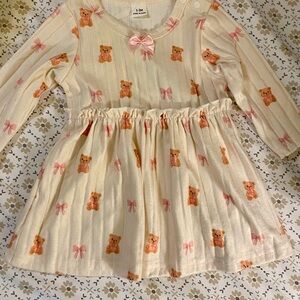 SHEIN Cream Dress with Pink Bows and Brown Teddy Prints 1-3 months
